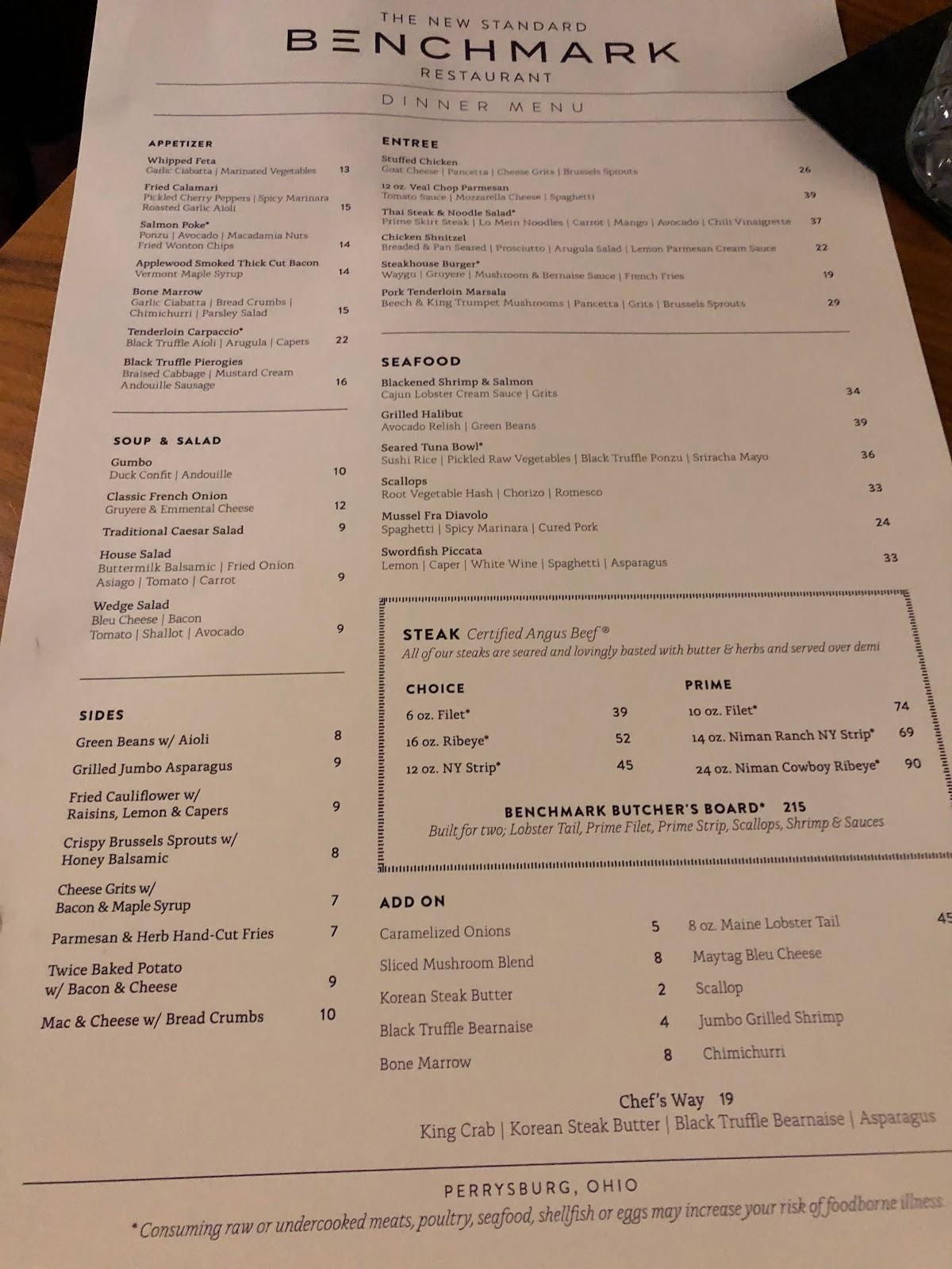 Menu at Benchmark Restaurant, Perrysburg