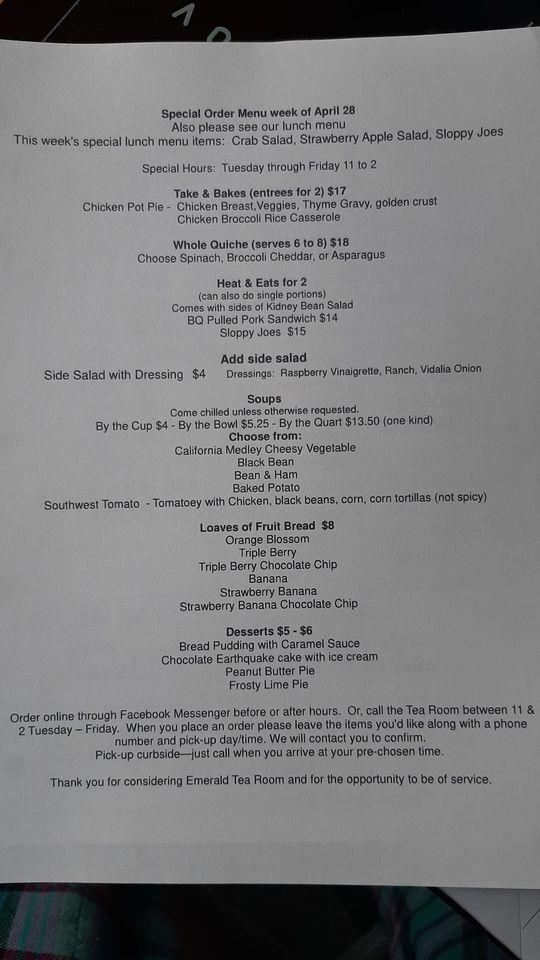 Menu at Emerald Tea Room & Catering restaurant, East Peoria