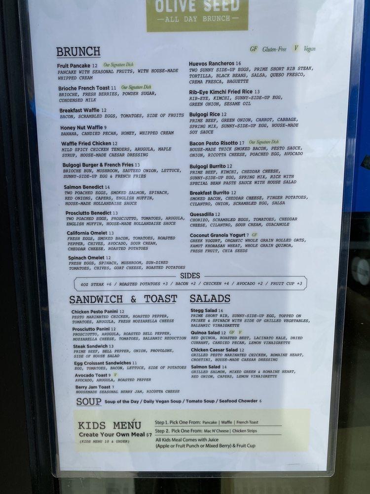 Menu at Olive Seed cafe, Yorba Linda