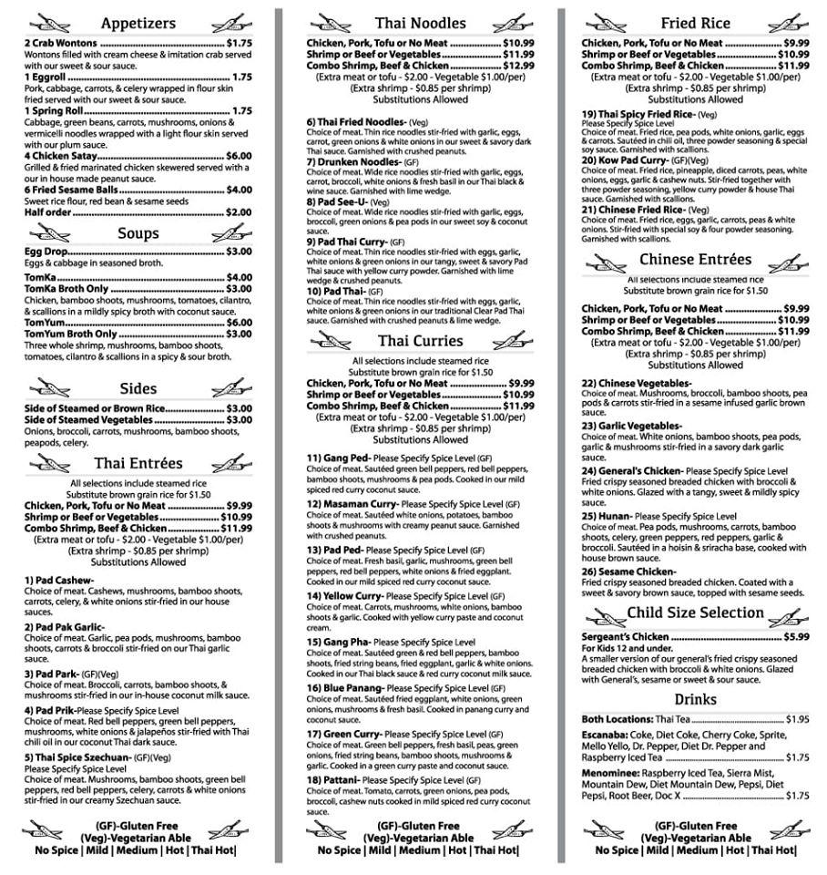 Menu at Thai Express restaurant, Menominee