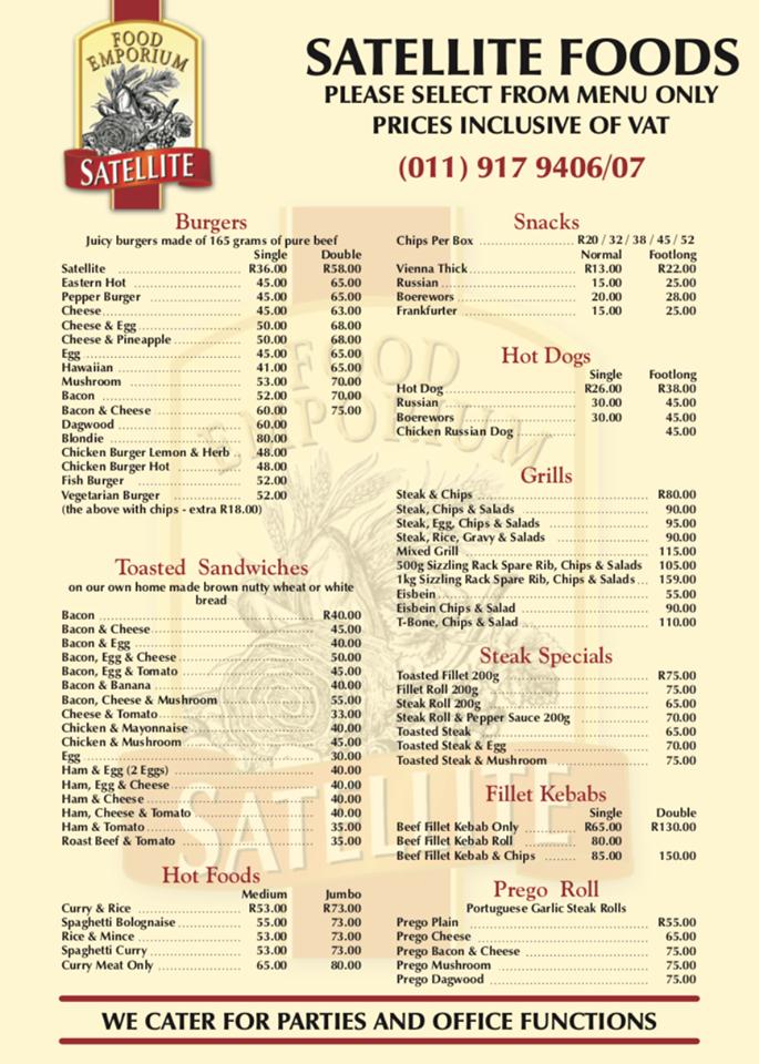 Menu au Satellite Food Emporium & Bakery, Boksburg