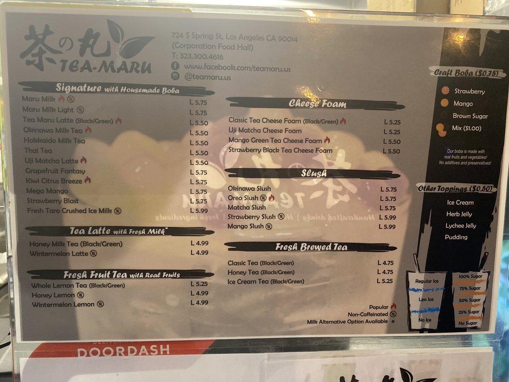 Menu at Tea Maru Housemade Boba desserts, Los Angeles