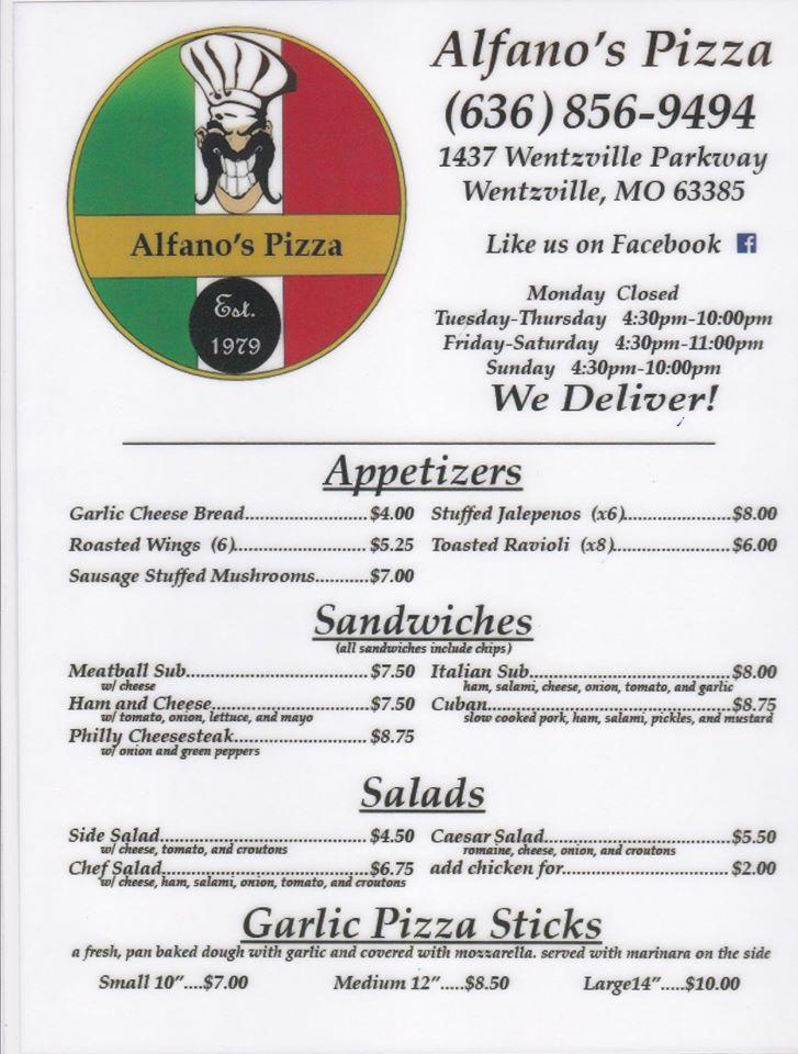 Menu at Alfano's Pizza pizzeria, Wentzville