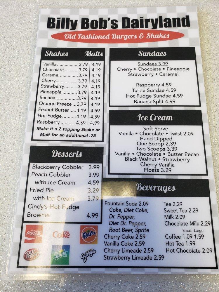 Menu at Billy Bob's Dairy Land restaurant, Branson, W 76 Country Blvd