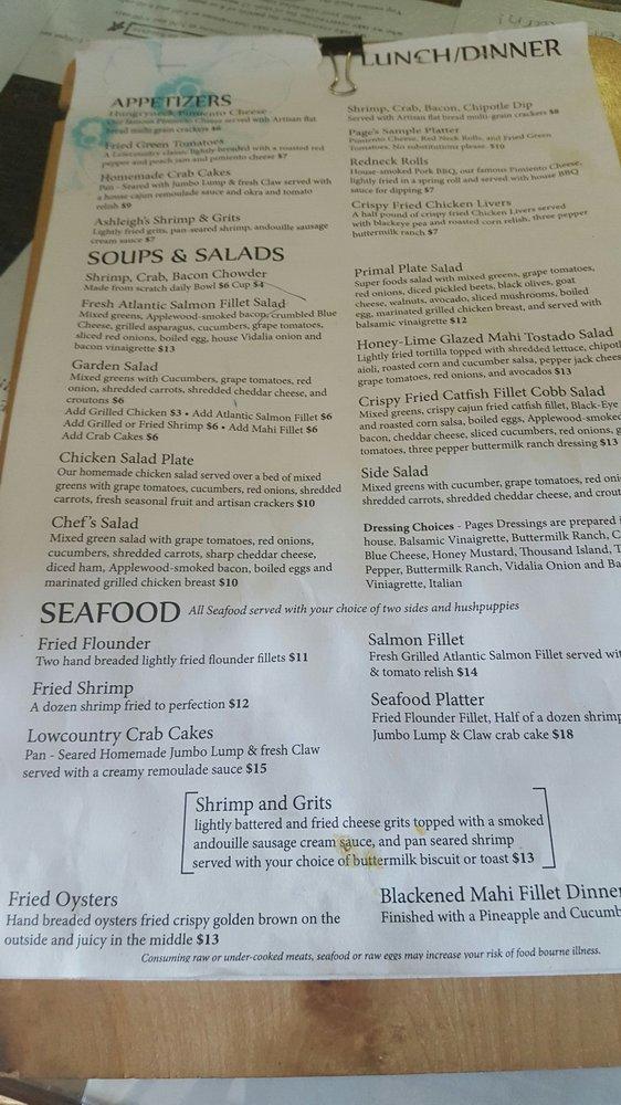Menu at Page's Okra Grill restaurant, Mount Pleasant
