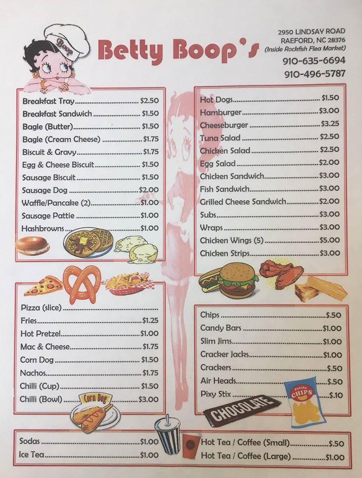 Menu at Betty Boop's Snack Bar, Rockfish