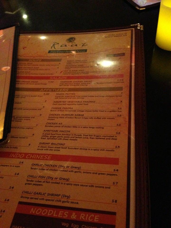 Menu at Raaz restaurant, Jersey City, 537 Washington Blvd
