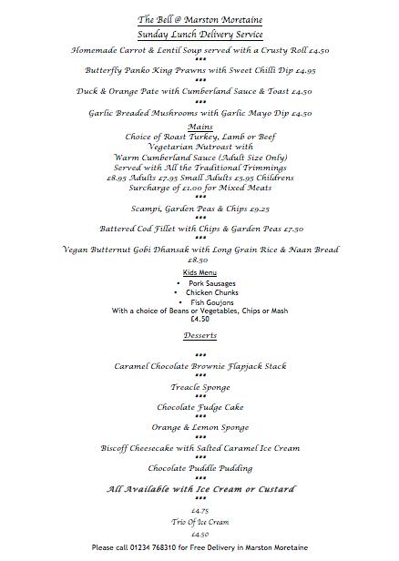 Menu at The Bell pub & bar, Marston Moretaine