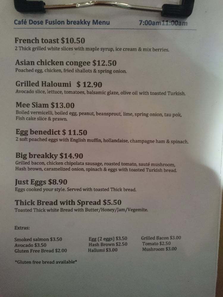 Menu at Cafe Dose, Herston, 288 Herston Rd