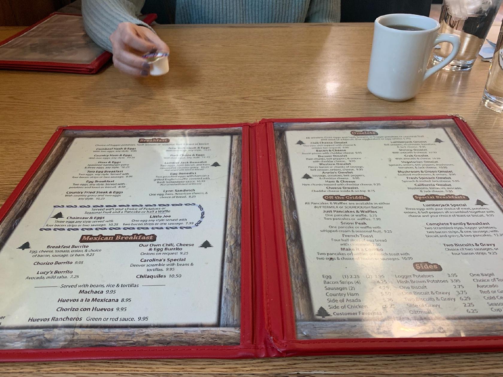 Menu at Lumberjack Cafe, Big Bear