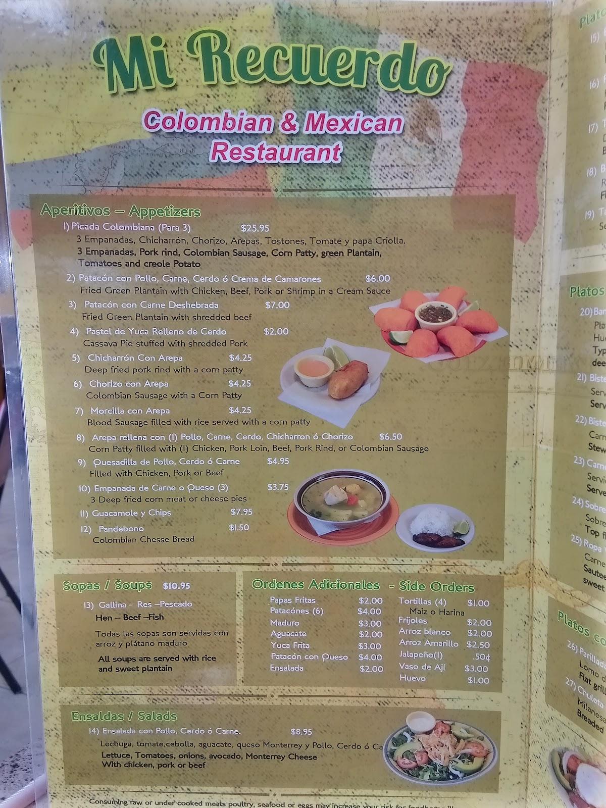 Menu at Mi Recuerdo Colombian & Méxican Restaurant, Houston