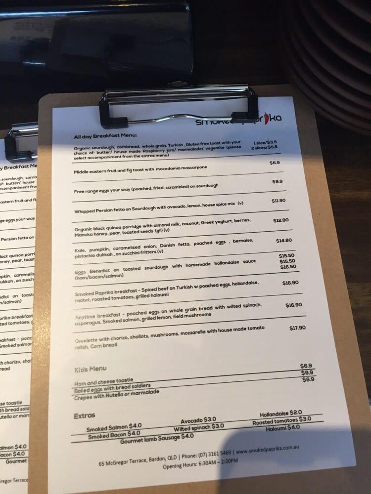 Menu at Smoked Paprika restaurant, Brisbane City, 198 Boundary Rd