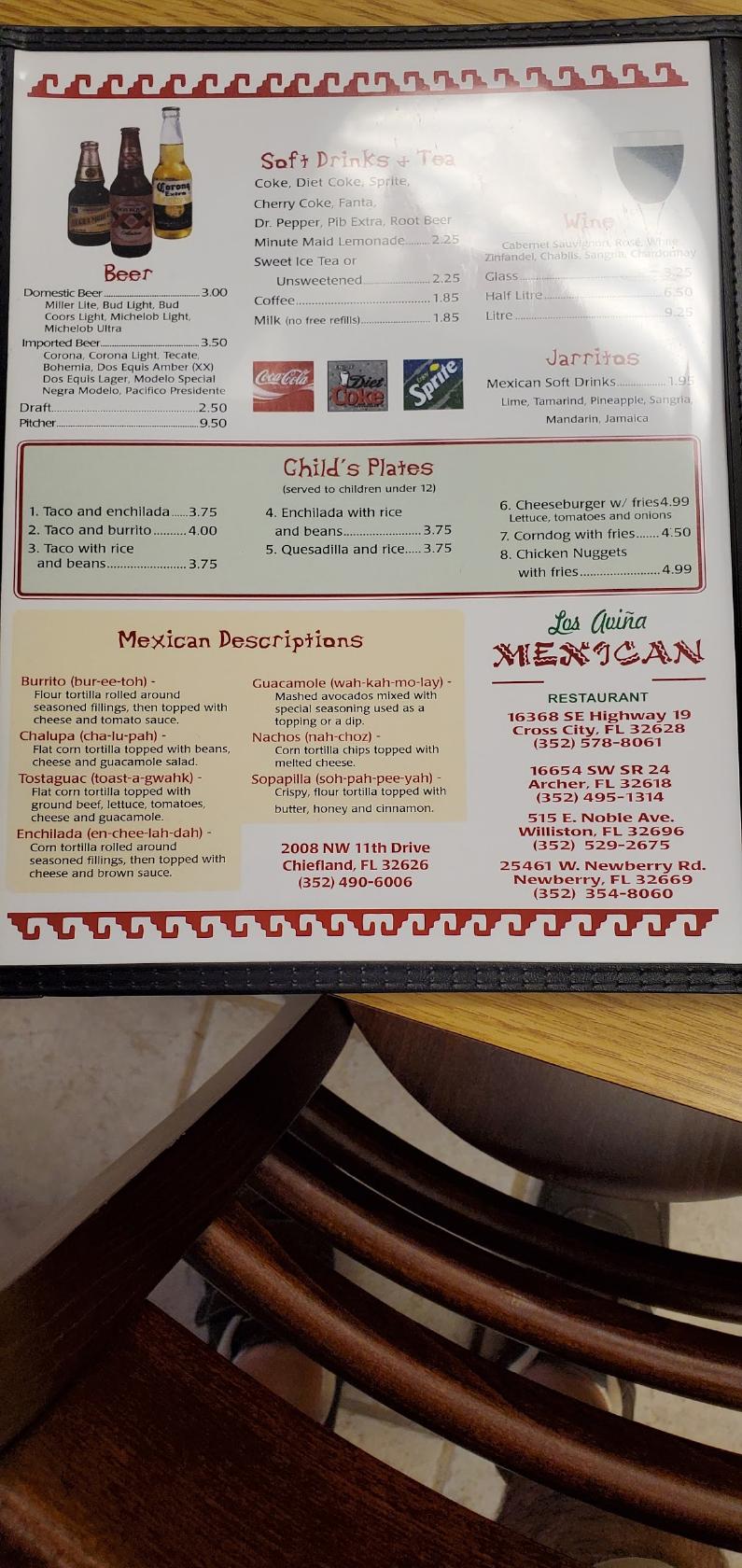 Menu at Los Avina Mexican Restaurant, Chiefland, 2008 NW 11th Dr