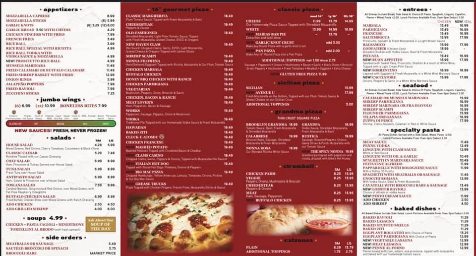 Menu at Maria's Pizza & Subs pizzeria, Milltown