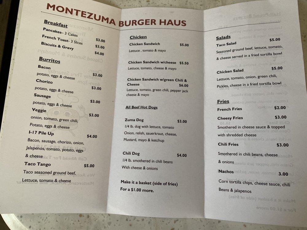 Menu at Montezuma Burger Haus restaurant, Camp Verde