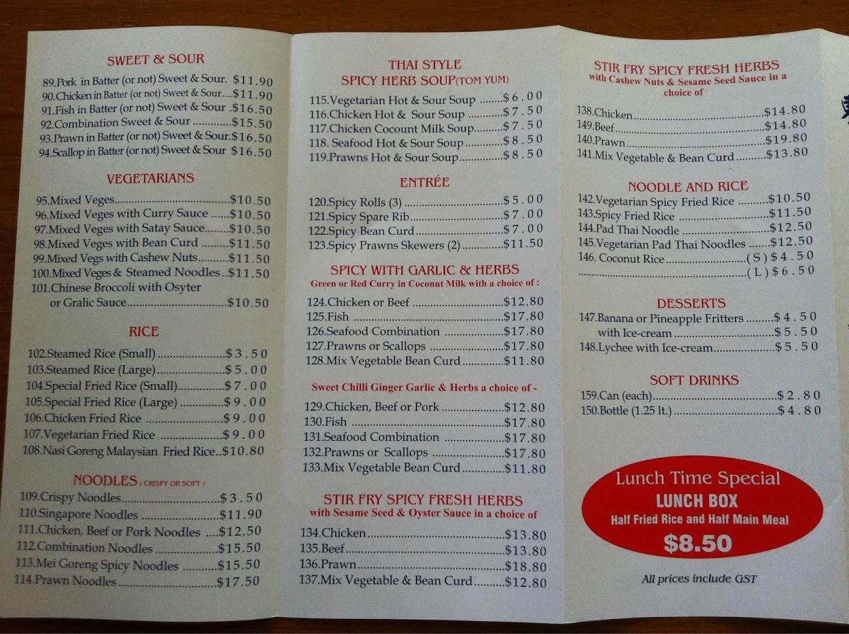 Menu at Kim & Li Chinese & Thai Restaurant, Mount Eliza