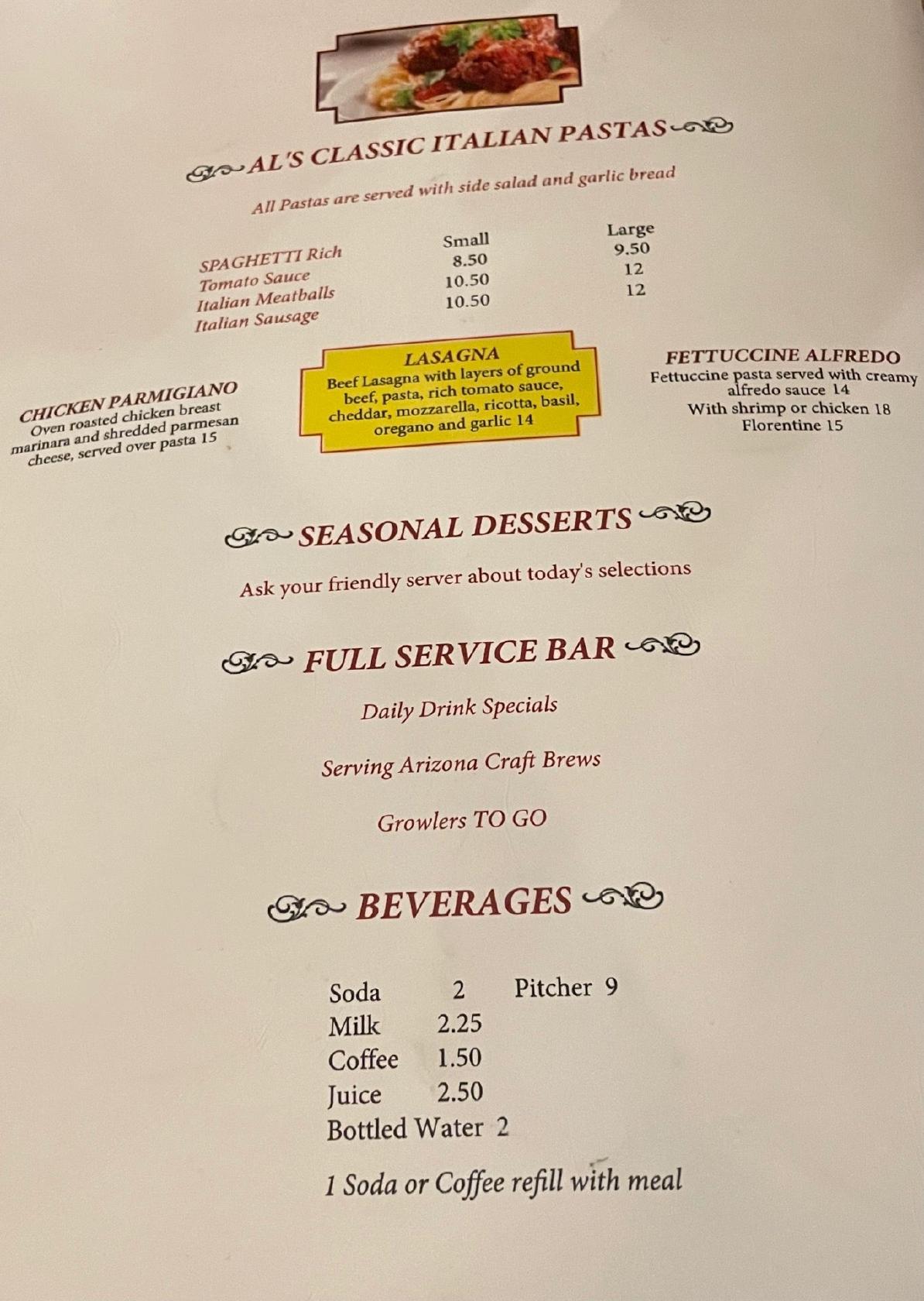 Menu at Silly Al's Pizza In Quartzsite pub & bar, Quartzsite
