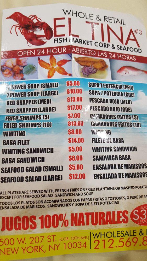 Carta del restaurante El Tina Fish Market, Nueva York
