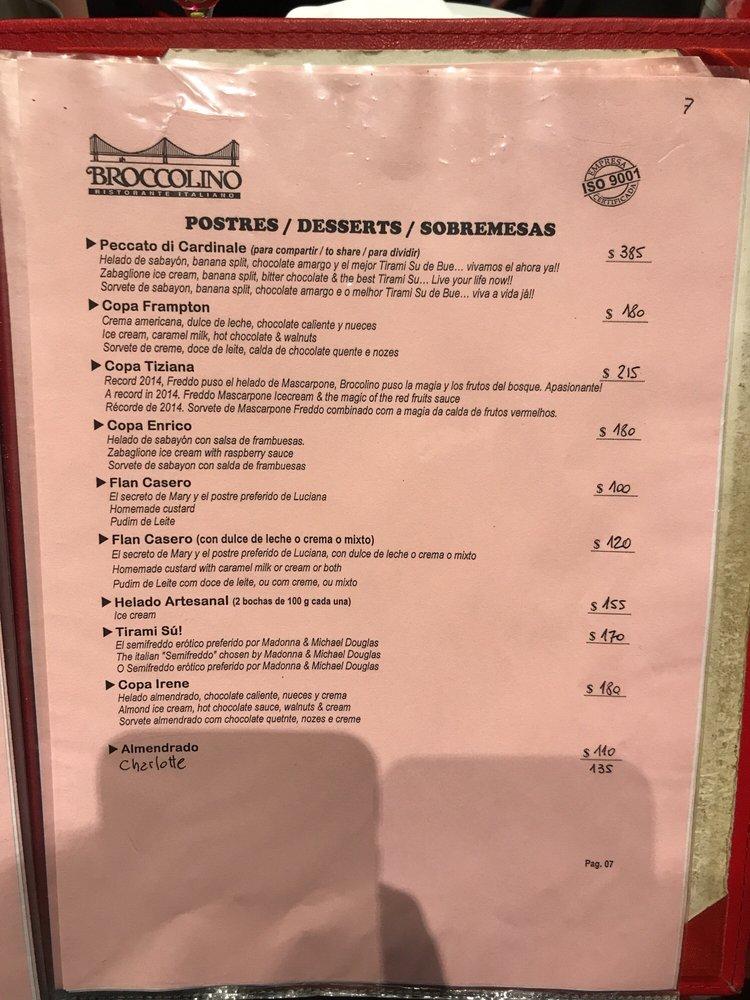 Menu at Broccolino restaurant, Buenos Aires