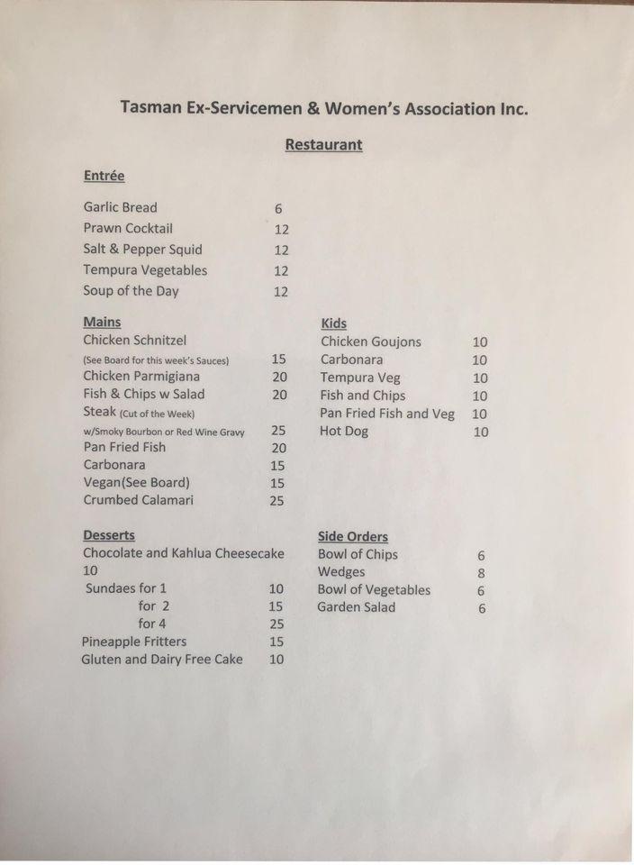 Menu at Tasman ExServices Club, Nubeena