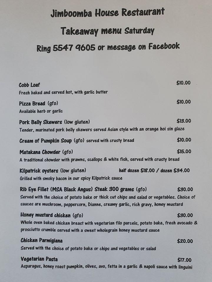 Menu at Jimboomba House Restaurant, Jimboomba, 105 Johanna St