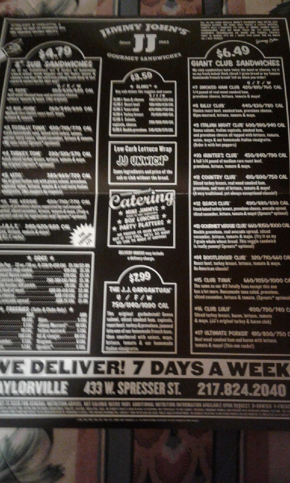 Menu at Jimmy John's fast food, Taylorville