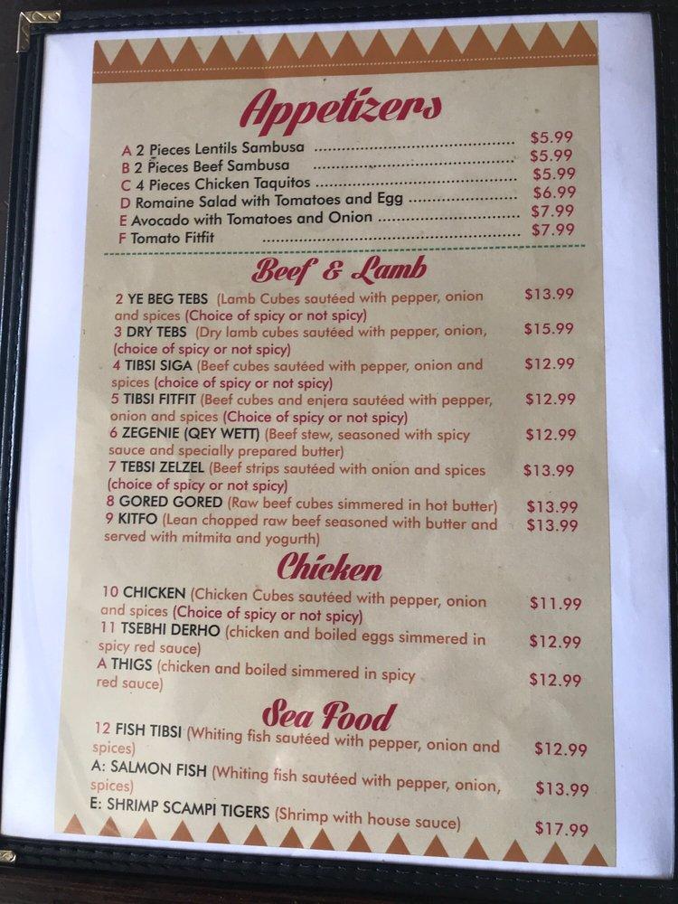 Menu at Red Sea Ethiopian and Eritrean Cuisine pub & bar, Charlotte