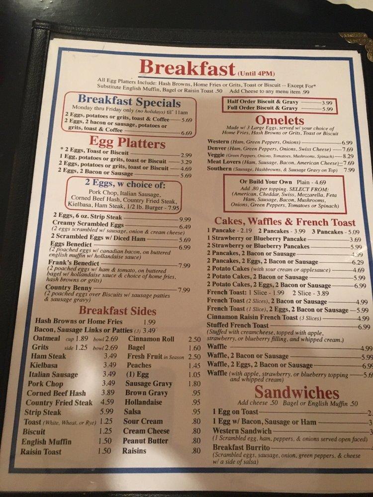 Menu at Frank's Restaurant, Hudson, U.S. Hwy 19