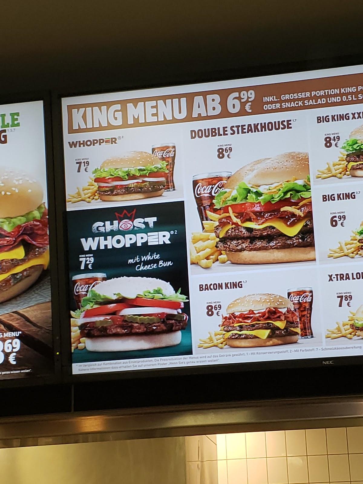Menu au Burger King. fast food, Düsseldorf, Erkrather Str. 207