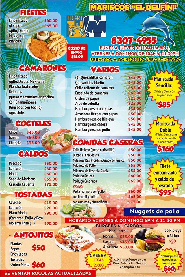 Menu at Mariscos El Delfin restaurant, Monterrey