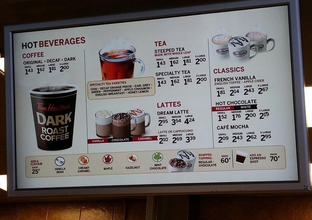 Menu at Tim Hortons restaurant, Wawa