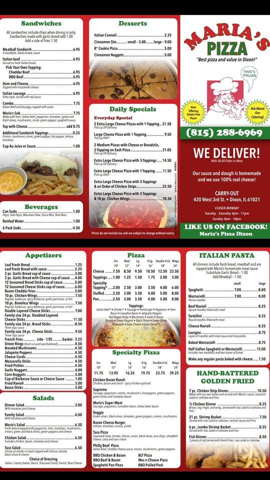 Menu at Maria's Pizza pizzeria, Dixon