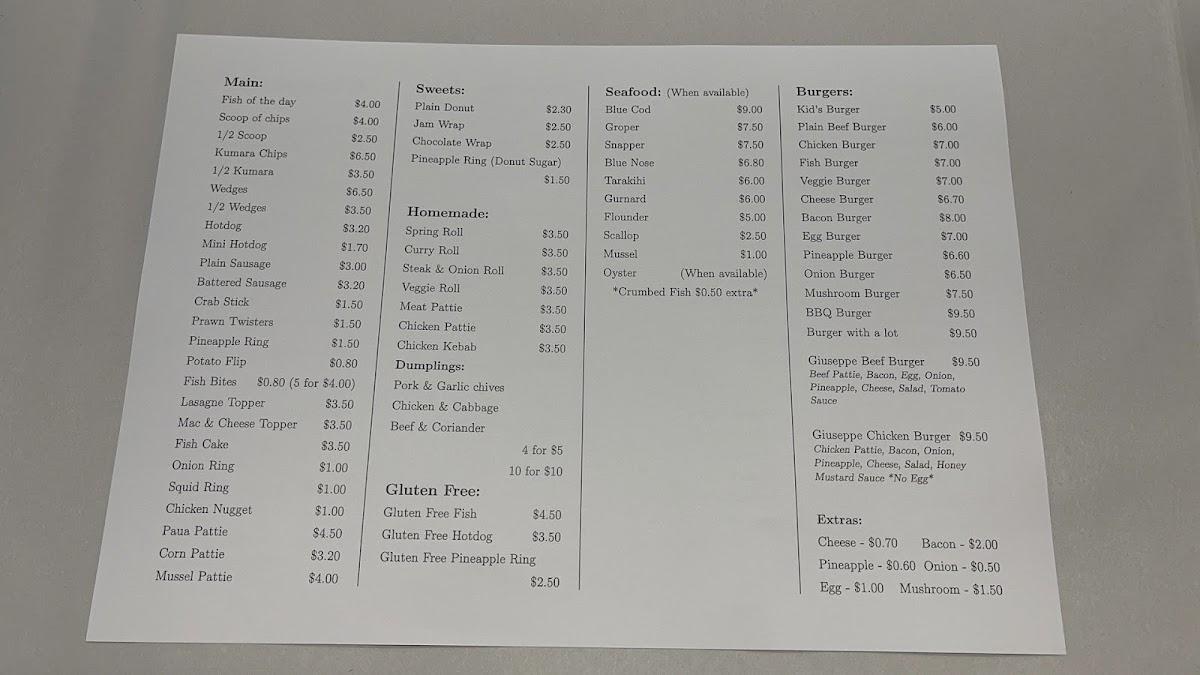Menu at Giuseppes Fish & Chips & Burgers restaurant, Nelson