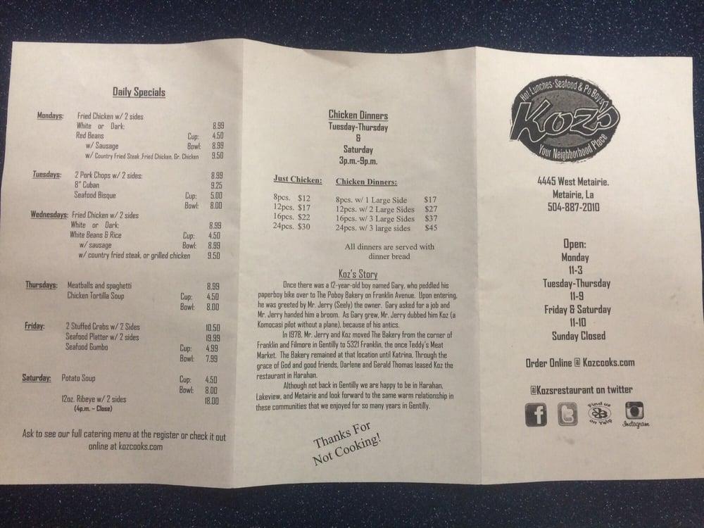 Menu at Koz's Harahan restaurant, Harahan, Wilson St