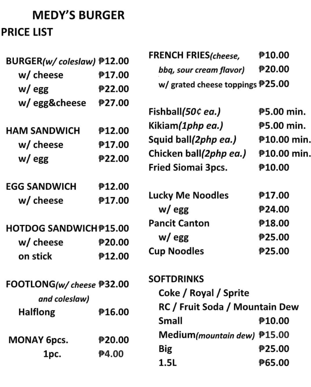 Menu at Medy's Burger pub & bar, Caloocan