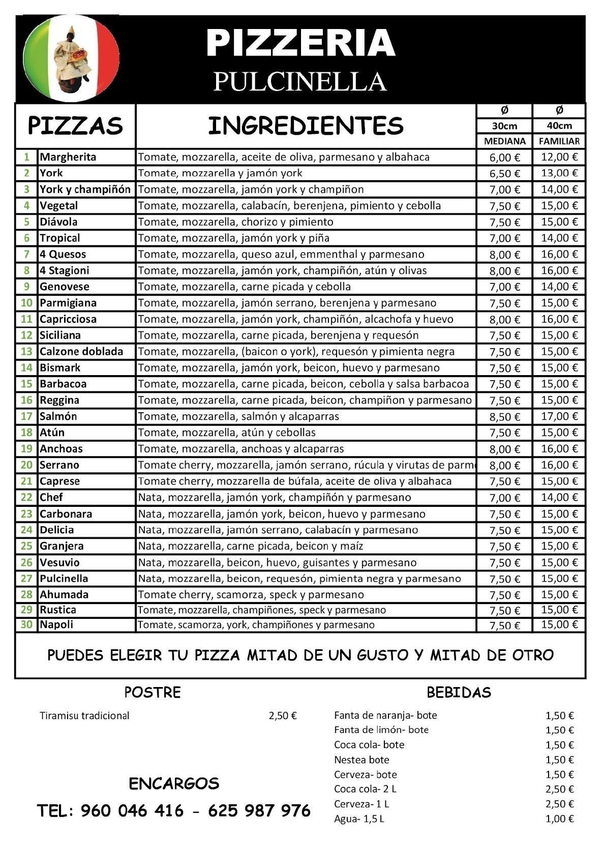 Menu at Pizzeria Pulcinella, Valencia, C. del Mestre Sosa