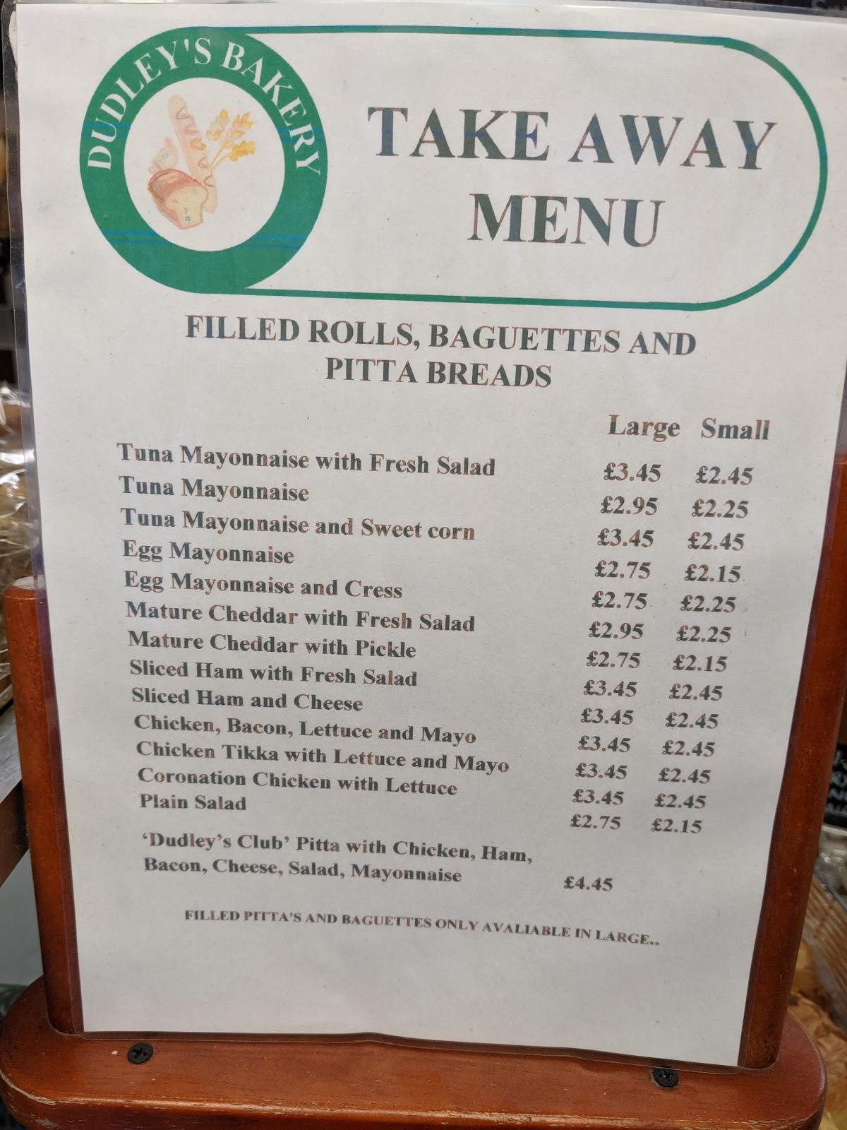 Menu at Dudley's Bakery, Cromer