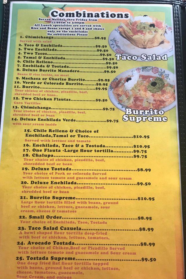 Menu at El Rancho Viejo restaurant, Battle Ground