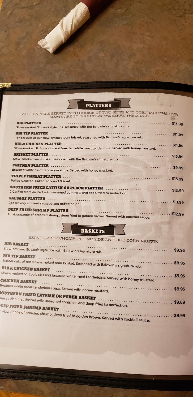 Menu at Baldwin's Smokehouse BBQ, Saginaw