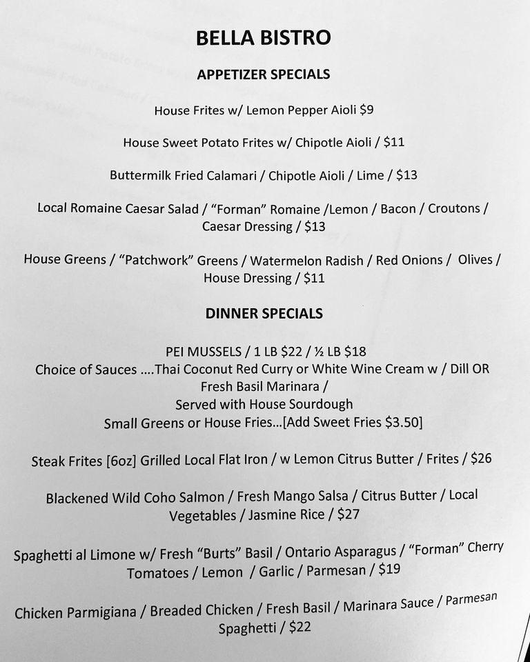 Menu at Bella Bistro restaurant, Kingston