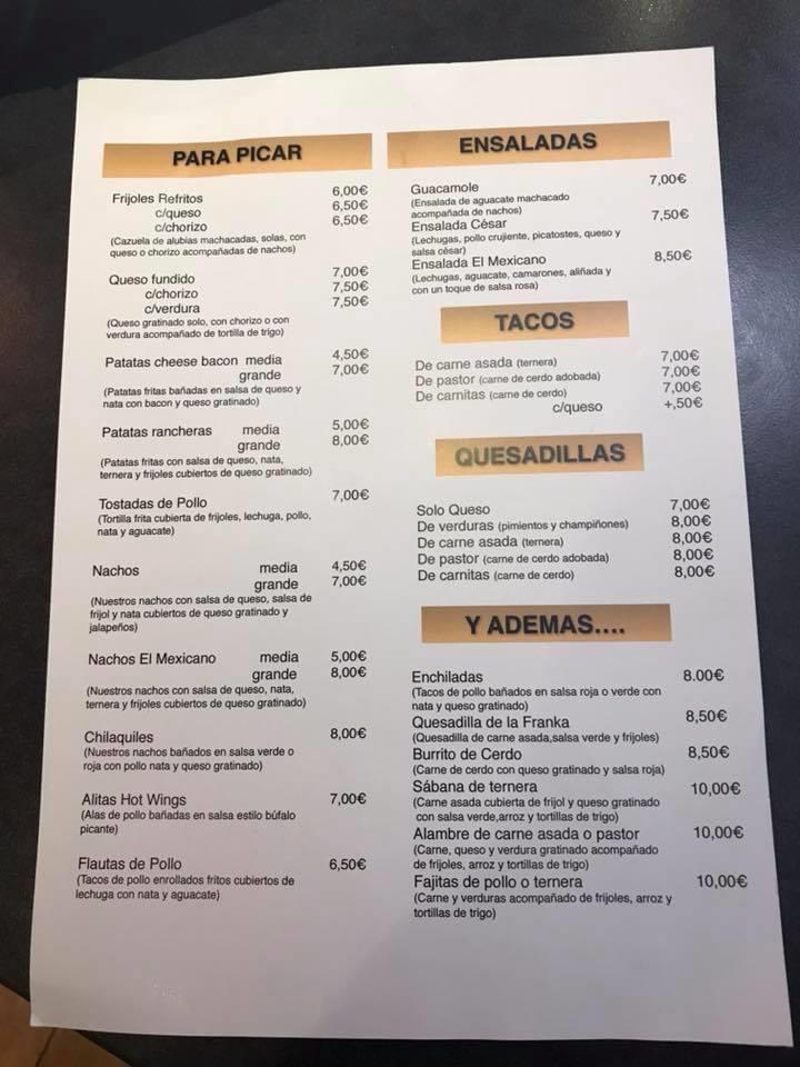 Menu At El Mexicano Restaurant Pamplona Pl Del Castillo