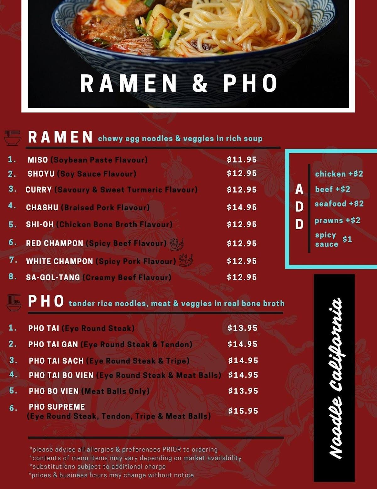 Menu at Noodle California restaurant, Williams Lake