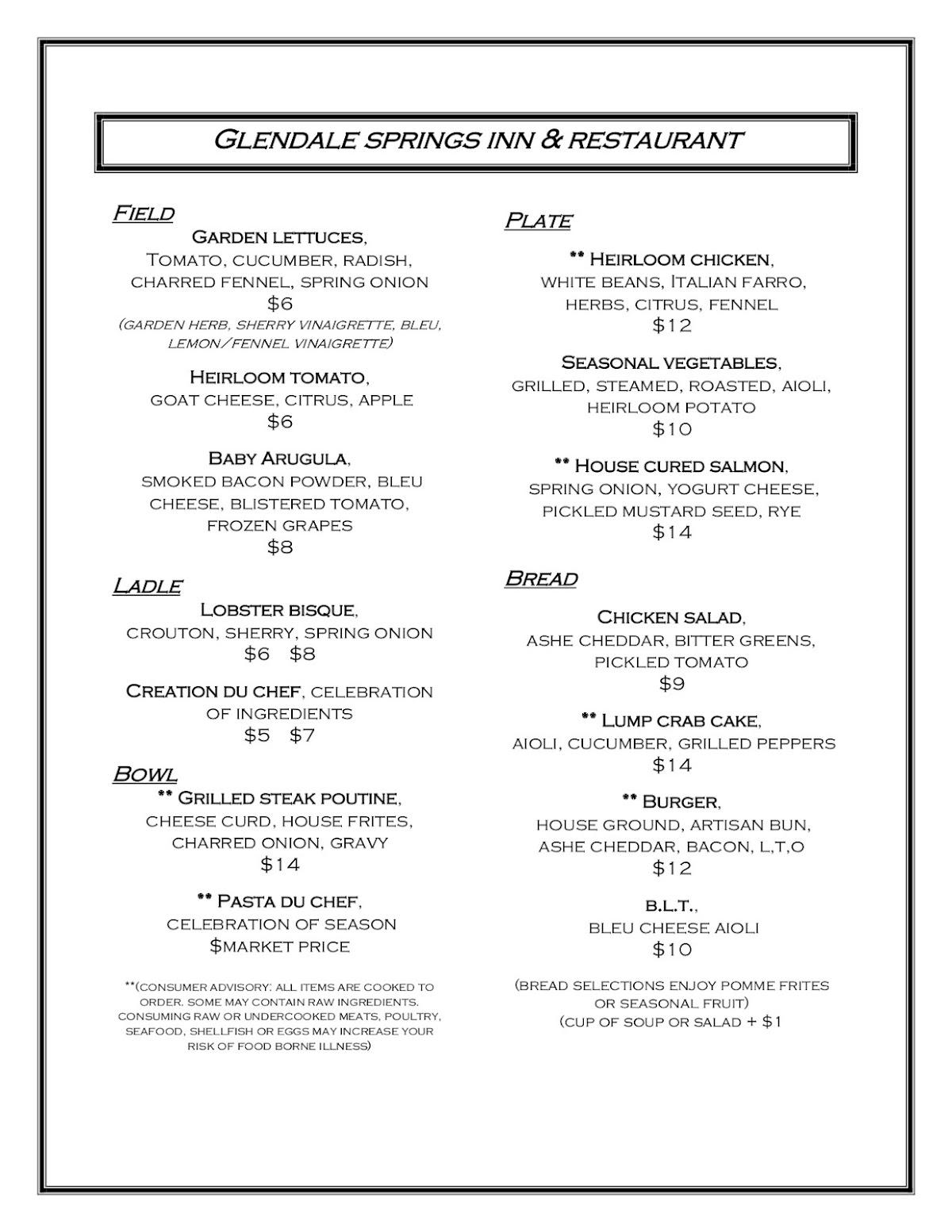 Menu at Glendale Springs Inn & Restaurant, Glendale Springs