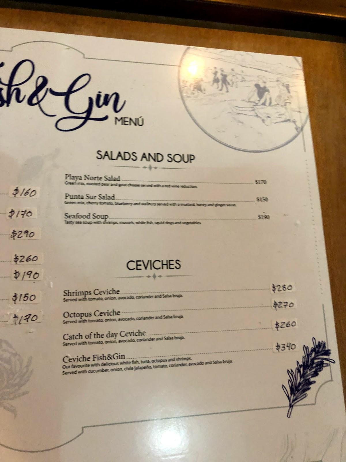 Menu at Fish & Gin restaurant, Isla Mujeres