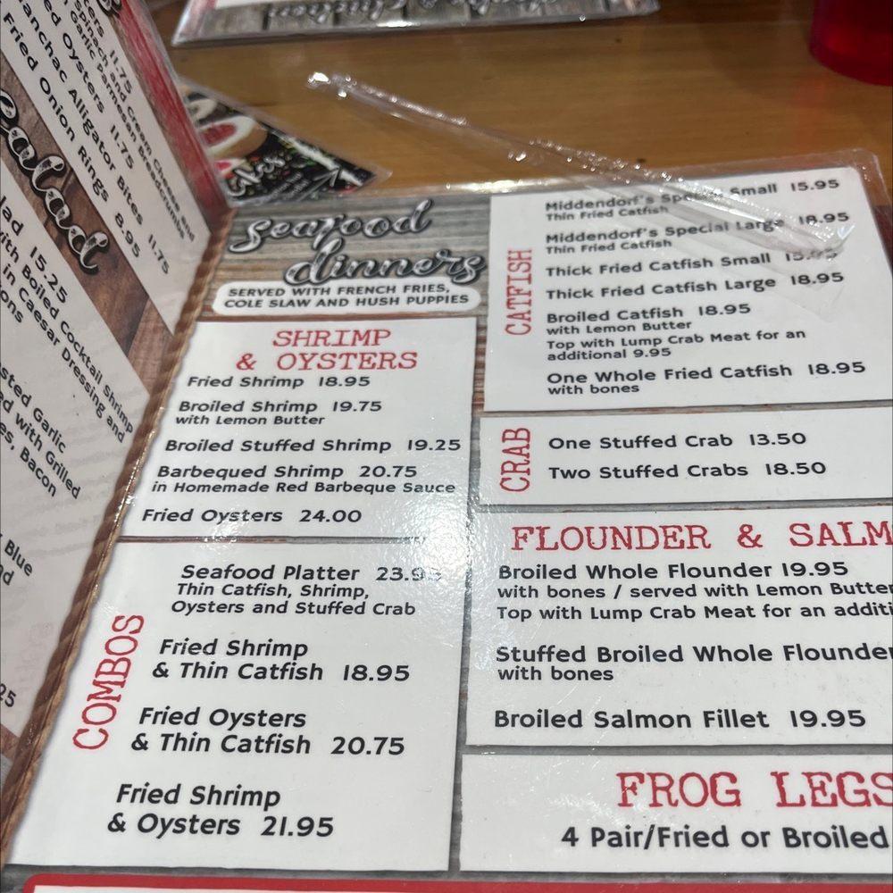 Menu at Middendorf's Slidell restaurant, Slidell