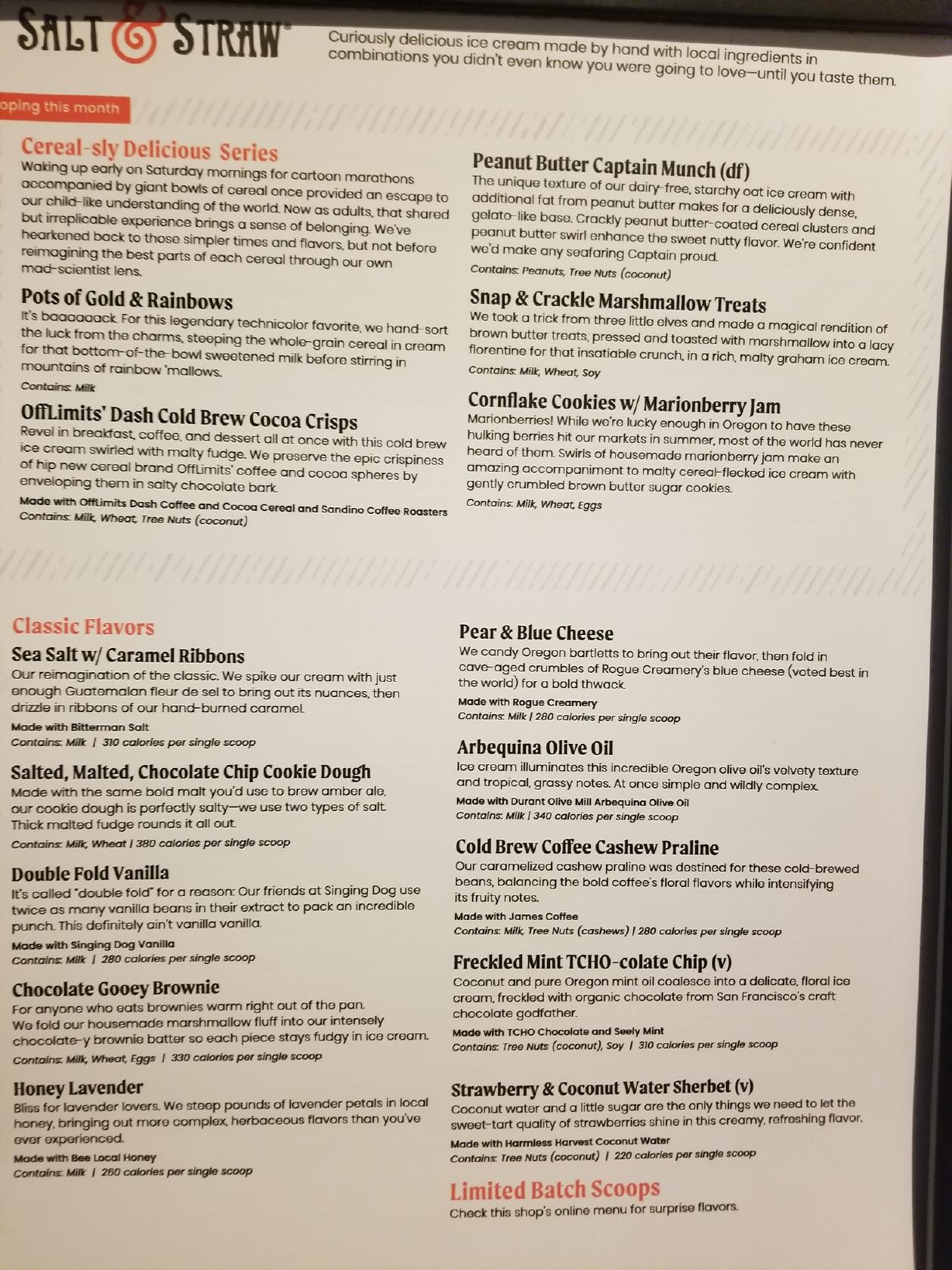 Menu at Salt & Straw restaurant, Los Angeles, 829 E 3rd St