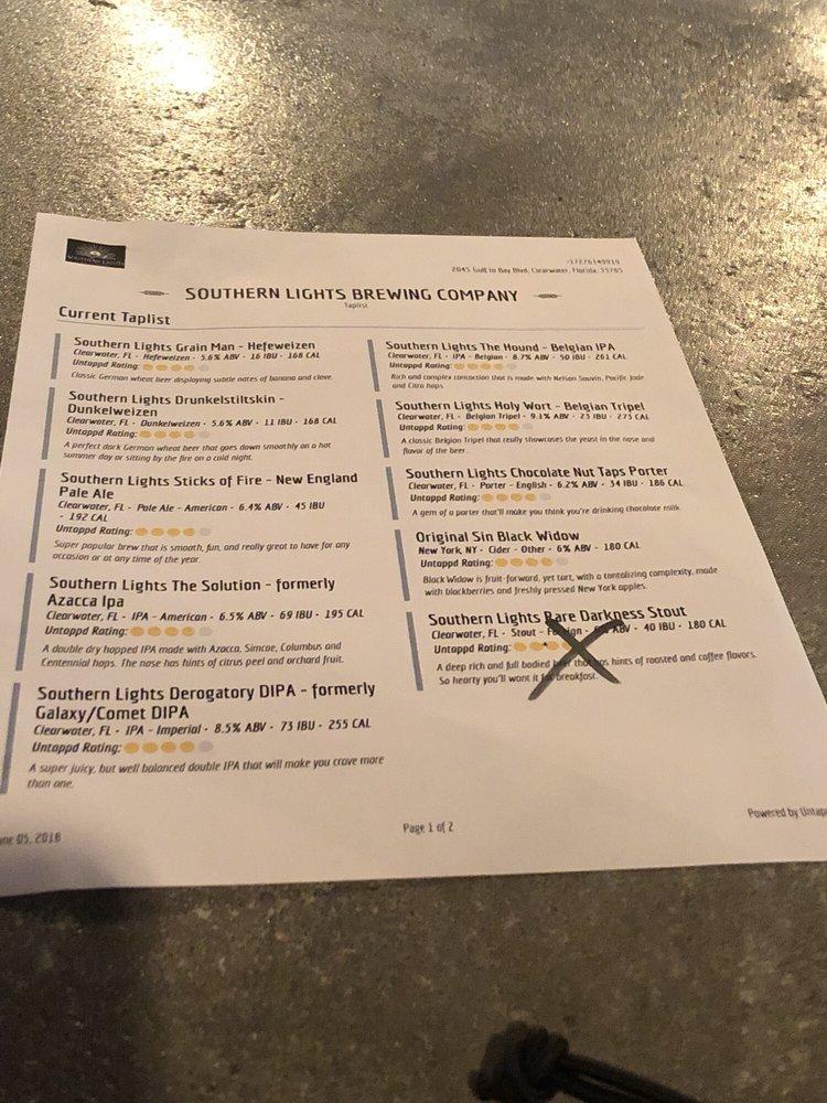 Menu at Southern Lights Brewing, Clearwater