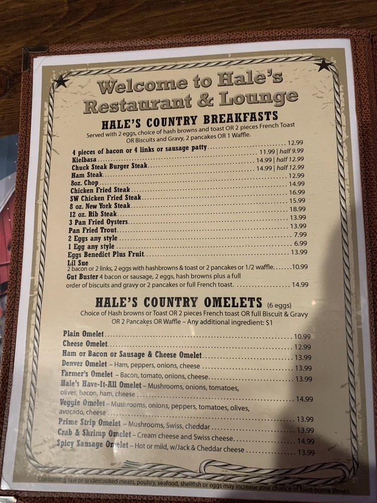 Menu at Hale's Tavern steakhouse, Hermiston