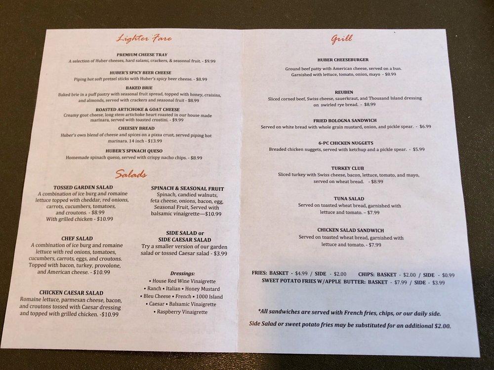 Menu at Huber Starlight Distillery cafe, Borden