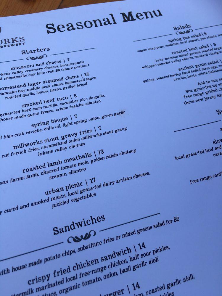 Menu at Millworks pub & bar, Harrisburg